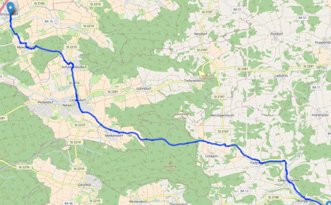 Kartenausschnitt des ersten Teils des Wallfahrtswegs (Quelle: OpenStreetMap und Mitwirkende)